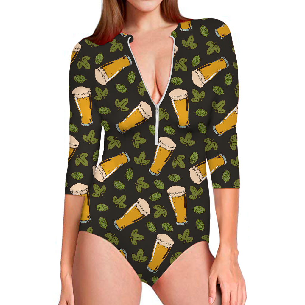 Beer Hop Cone And Leaf Pattern Print Long Sleeve Swimsuit