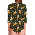 Beer Hop Cone And Leaf Pattern Print Long Sleeve Swimsuit