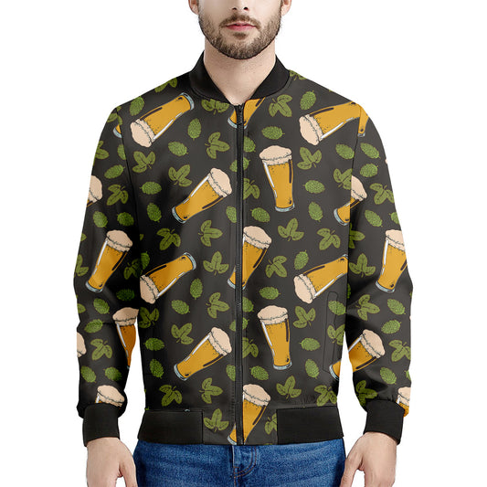Beer Hop Cone And Leaf Pattern Print Men's Bomber Jacket