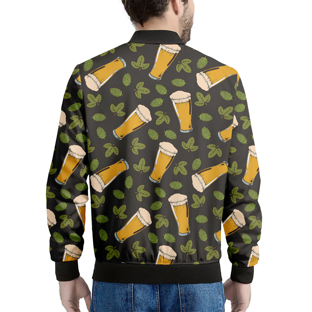 Beer Hop Cone And Leaf Pattern Print Men's Bomber Jacket