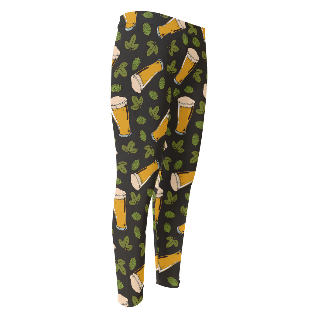 Beer Hop Cone And Leaf Pattern Print Men's Compression Pants