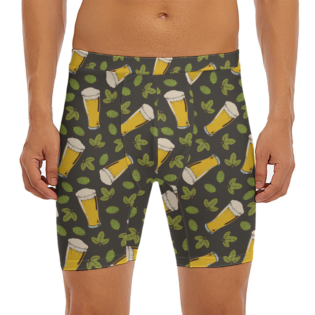 Beer Hop Cone And Leaf Pattern Print Men's Long Boxer Briefs