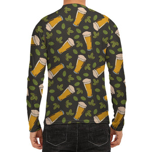 Beer Hop Cone And Leaf Pattern Print Men's Long Sleeve Rash Guard