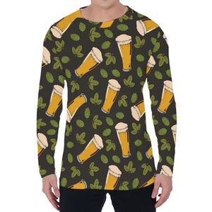 Beer Hop Cone And Leaf Pattern Print Men's Long Sleeve T-Shirt