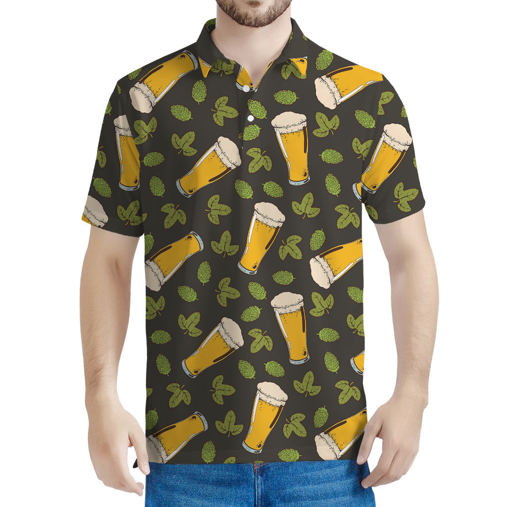 Beer Hop Cone And Leaf Pattern Print Men's Polo Shirt