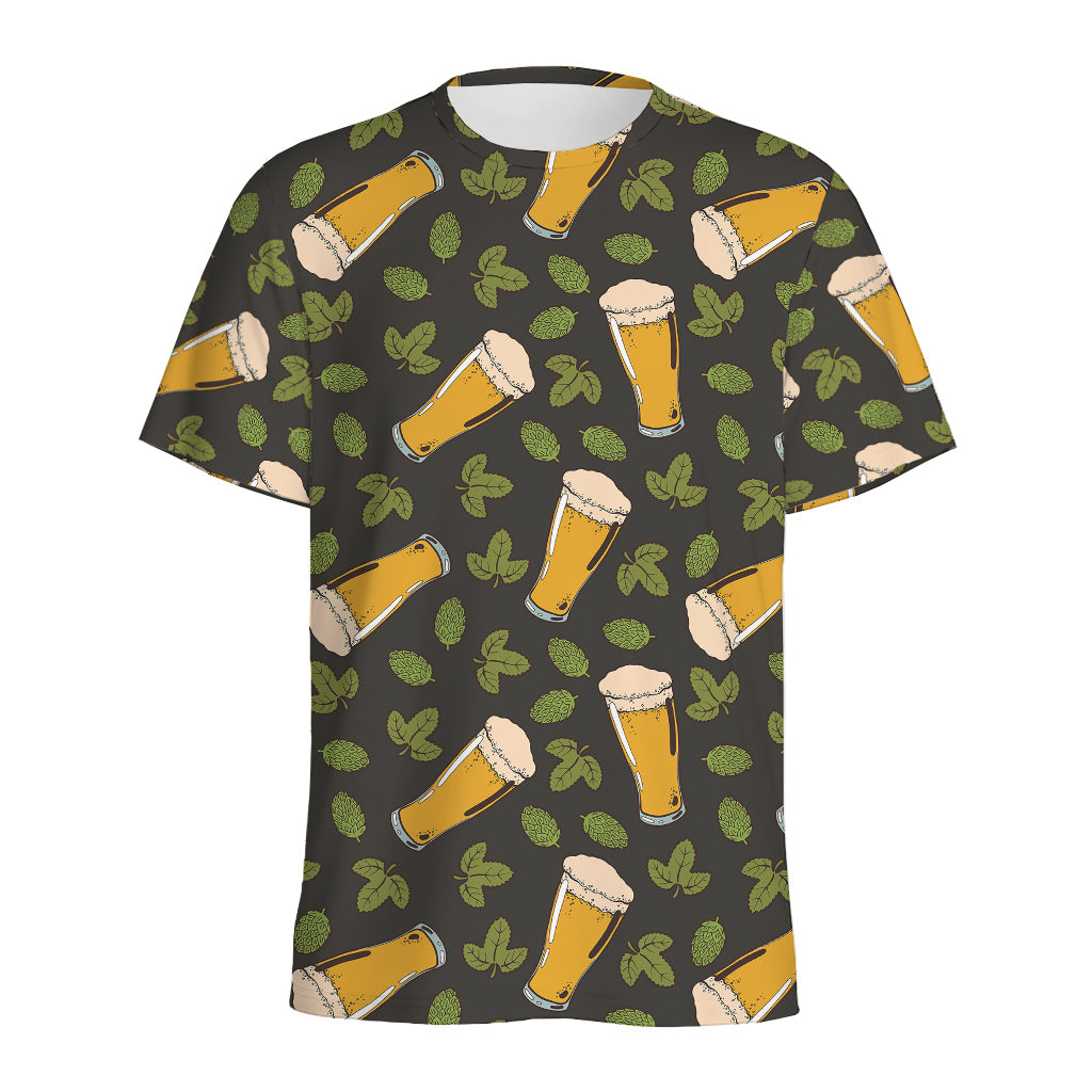 Beer Hop Cone And Leaf Pattern Print Men's Sports T-Shirt