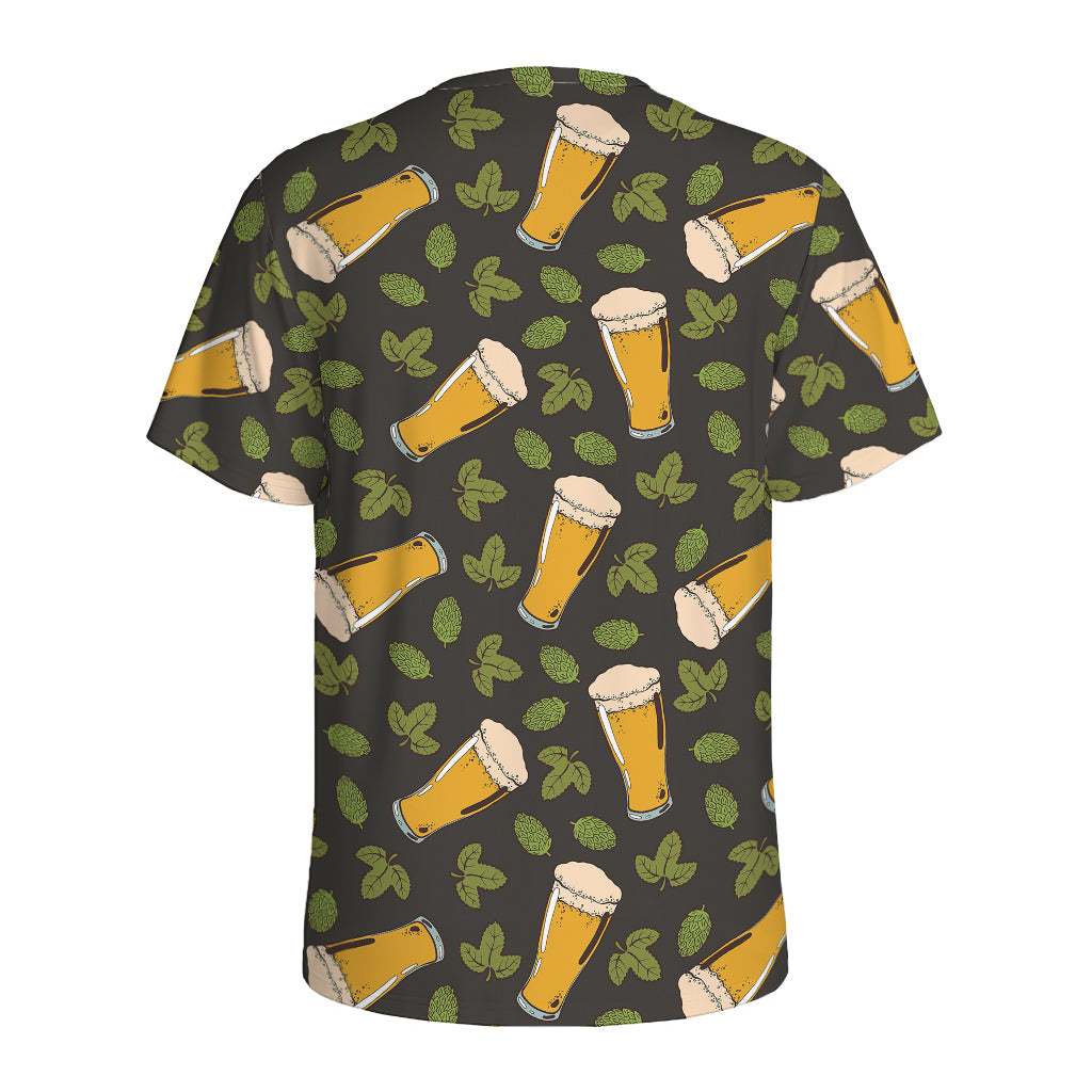 Beer Hop Cone And Leaf Pattern Print Men's Sports T-Shirt