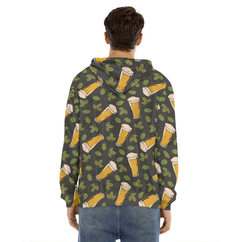 Beer Hop Cone And Leaf Pattern Print Men's Velvet Pullover Hoodie