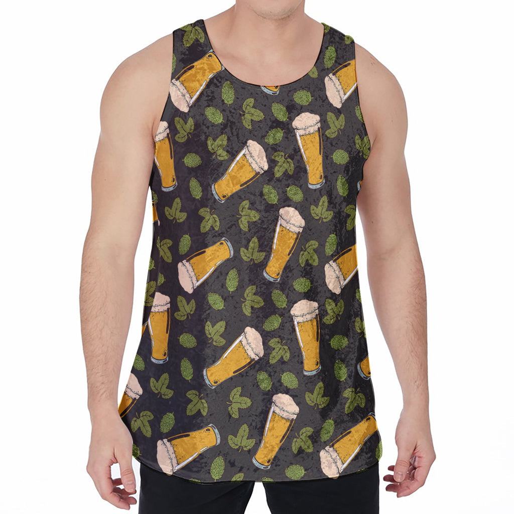 Beer Hop Cone And Leaf Pattern Print Men's Velvet Tank Top