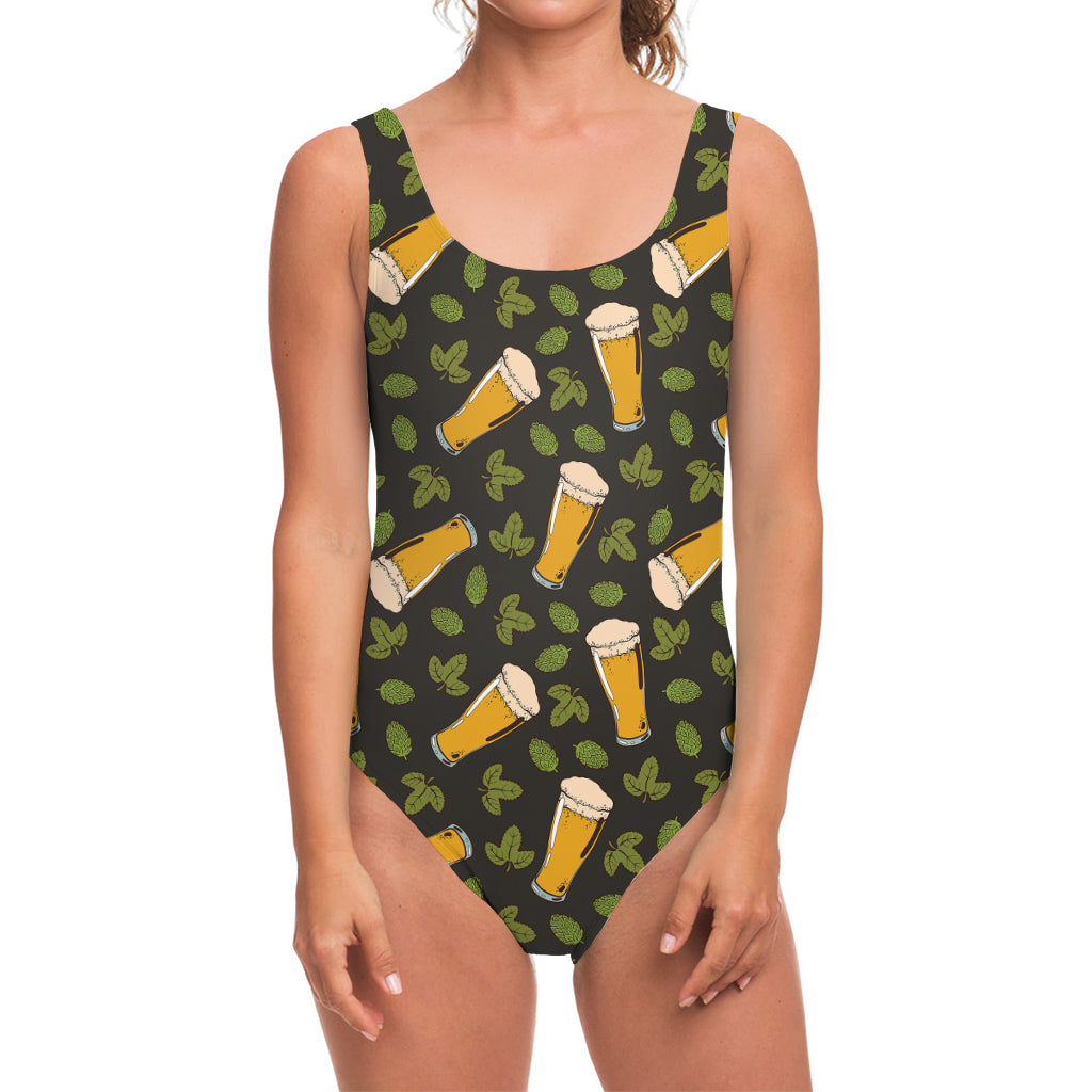 Beer Hop Cone And Leaf Pattern Print One Piece Swimsuit