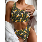 Beer Hop Cone And Leaf Pattern Print One Shoulder Bikini Top