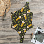 Beer Hop Cone And Leaf Pattern Print One Shoulder Bodysuit