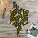Beer Hop Cone And Leaf Pattern Print One Shoulder Bodysuit