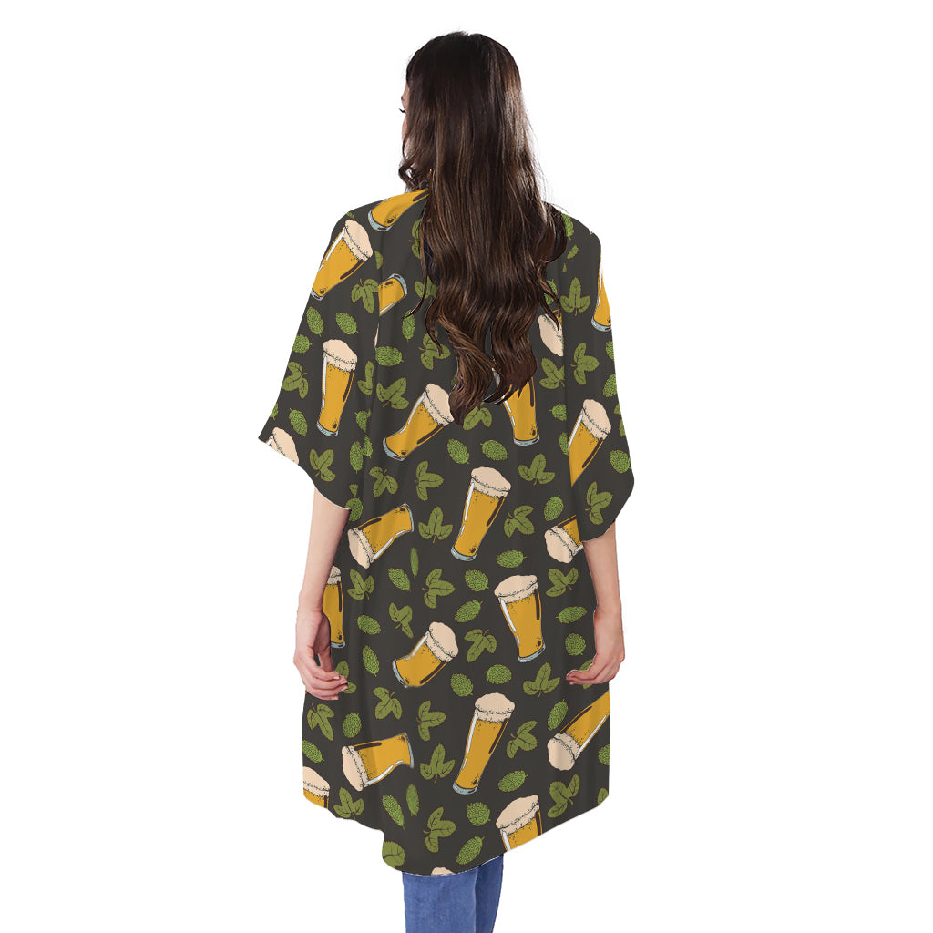 Beer Hop Cone And Leaf Pattern Print Open Front Beach Cover Up