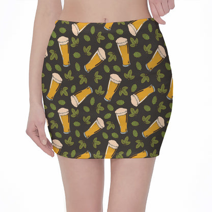 Beer Hop Cone And Leaf Pattern Print Pencil Mini Skirt