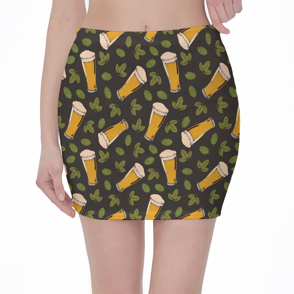 Beer Hop Cone And Leaf Pattern Print Pencil Mini Skirt