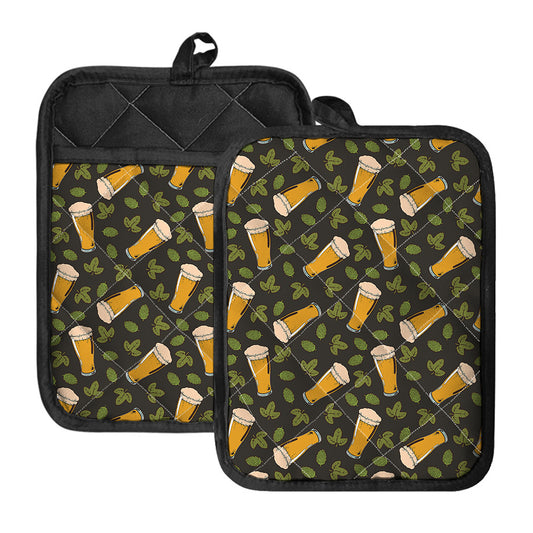 Beer Hop Cone And Leaf Pattern Print Pot Holders With Pocket
