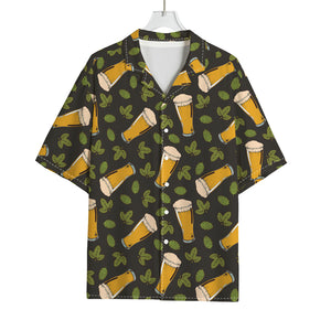 Beer Hop Cone And Leaf Pattern Print Rayon Hawaiian Shirt