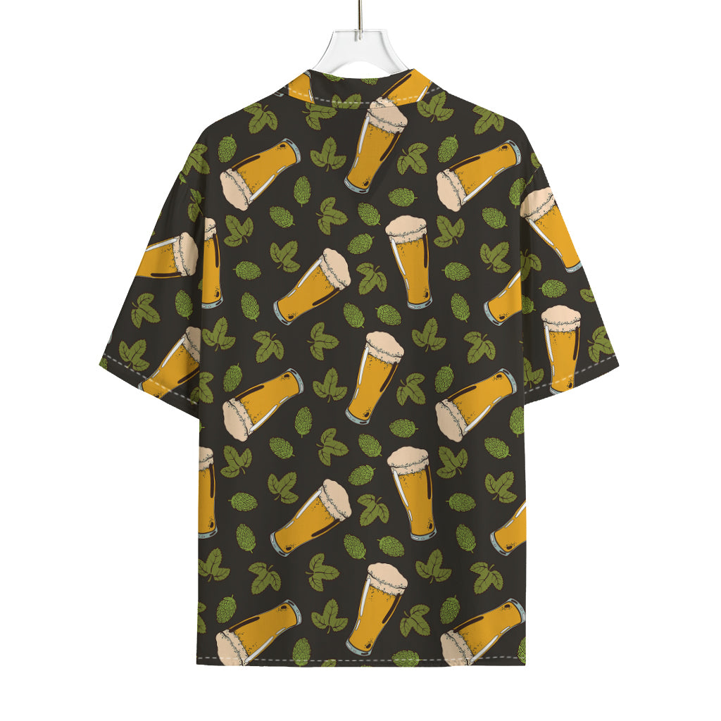 Beer Hop Cone And Leaf Pattern Print Rayon Hawaiian Shirt