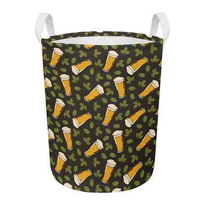 Beer Hop Cone And Leaf Pattern Print Round Laundry Basket