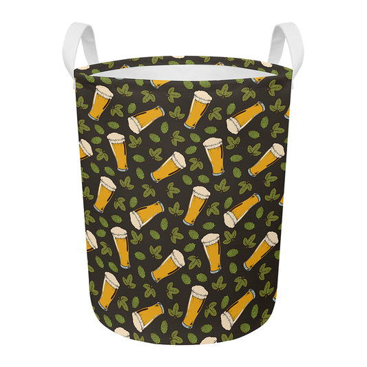 Beer Hop Cone And Leaf Pattern Print Round Laundry Basket