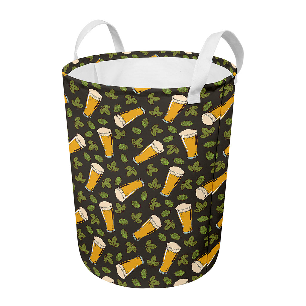 Beer Hop Cone And Leaf Pattern Print Round Laundry Basket