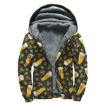 Beer Hop Cone And Leaf Pattern Print Sherpa Lined Zip Up Hoodie