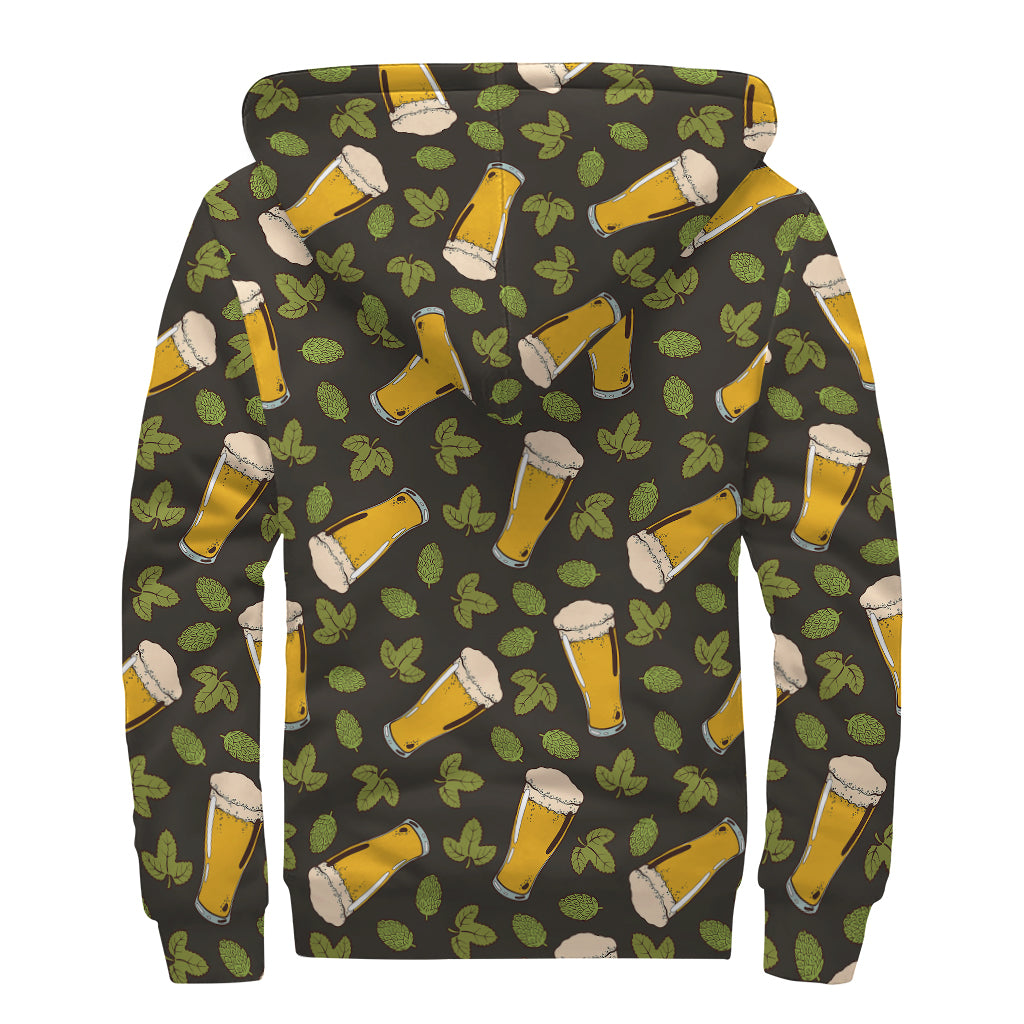 Beer Hop Cone And Leaf Pattern Print Sherpa Lined Zip Up Hoodie