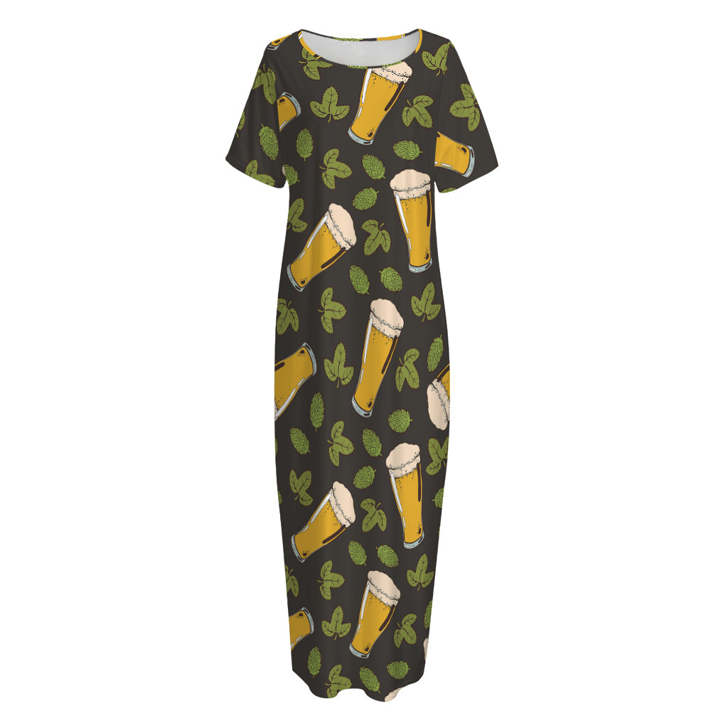 Beer Hop Cone And Leaf Pattern Print Short Sleeve Long Nightdress