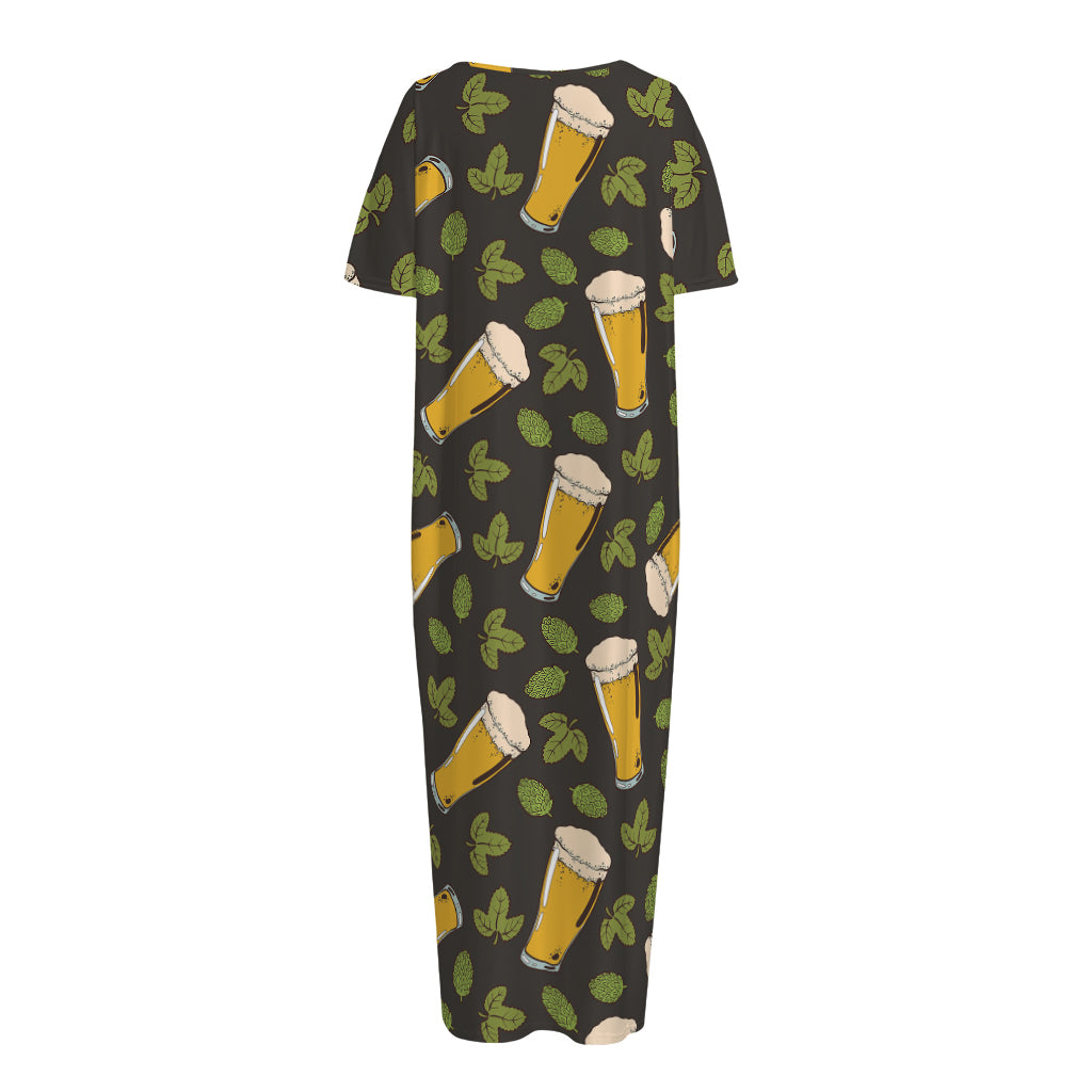 Beer Hop Cone And Leaf Pattern Print Short Sleeve Long Nightdress