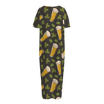 Beer Hop Cone And Leaf Pattern Print Short Sleeve Long Nightdress