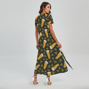 Beer Hop Cone And Leaf Pattern Print Short Sleeve Maxi Dress