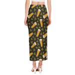 Beer Hop Cone And Leaf Pattern Print Side Slit Maxi Skirt