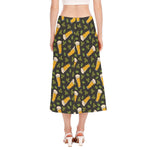 Beer Hop Cone And Leaf Pattern Print Side Slit Midi Skirt