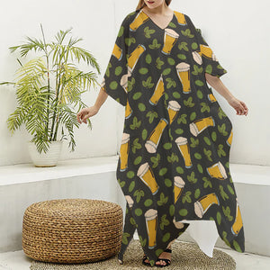 Beer Hop Cone And Leaf Pattern Print Silk V-Neck Kaftan Dress