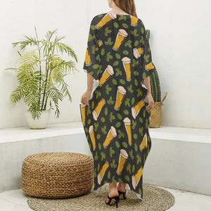 Beer Hop Cone And Leaf Pattern Print Silk V-Neck Kaftan Dress