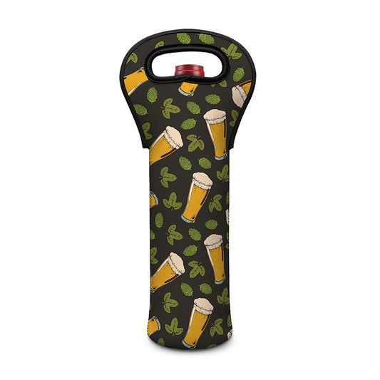 Beer Hop Cone And Leaf Pattern Print Single Neoprene Wine Tote