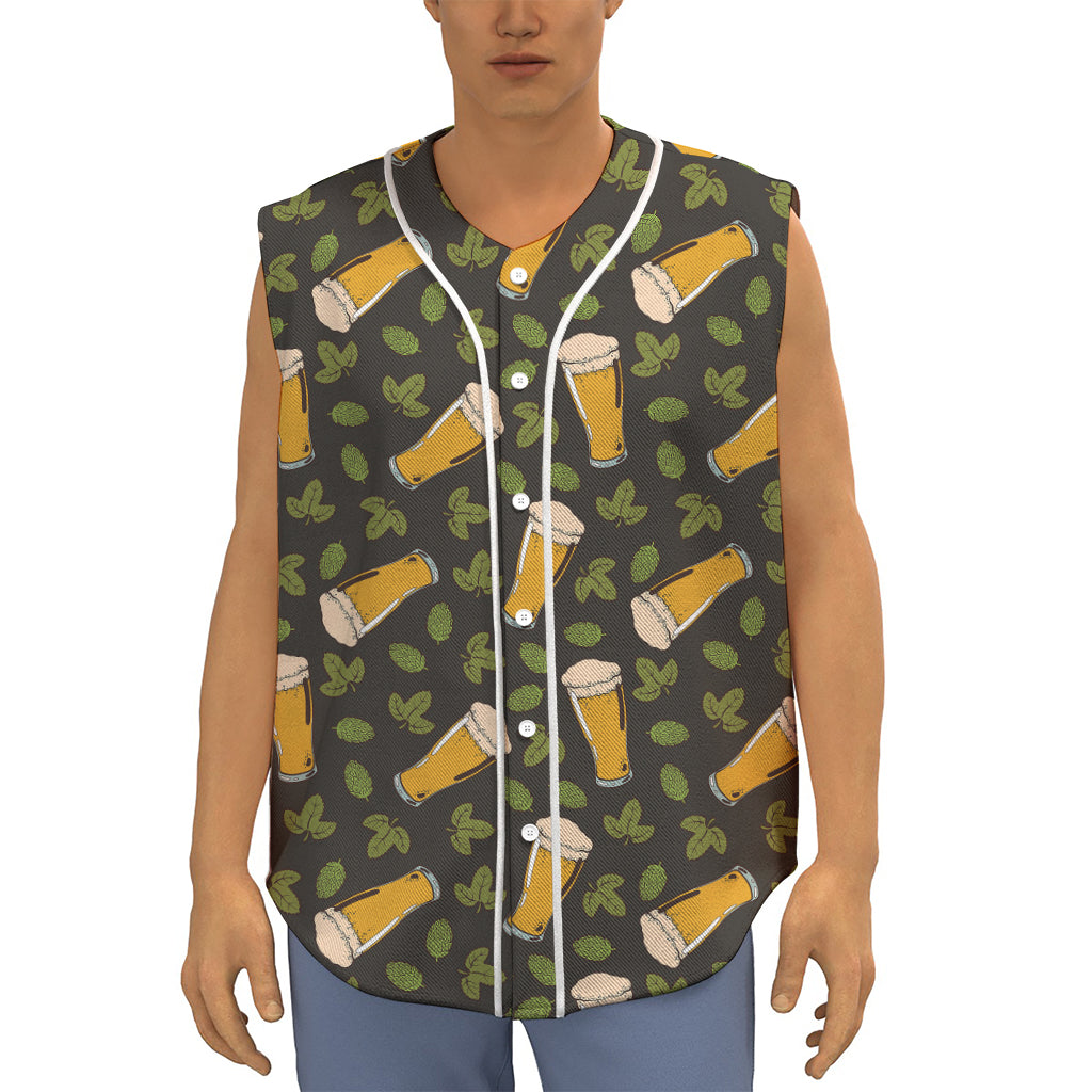 Beer Hop Cone And Leaf Pattern Print Sleeveless Baseball Jersey