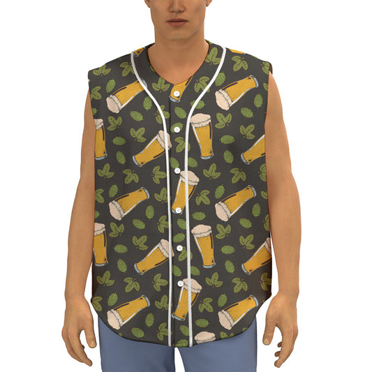 Beer Hop Cone And Leaf Pattern Print Sleeveless Baseball Jersey