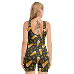 Beer Hop Cone And Leaf Pattern Print Sleeveless One Piece Swimsuit