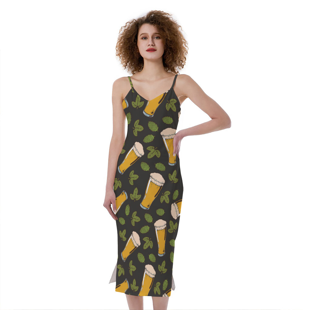 Beer Hop Cone And Leaf Pattern Print Slim Fit Midi Cami Dress