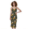 Beer Hop Cone And Leaf Pattern Print Slim Fit Midi Cami Dress