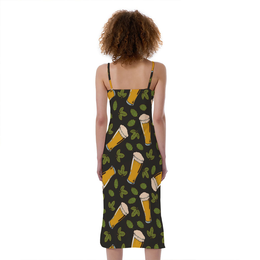 Beer Hop Cone And Leaf Pattern Print Slim Fit Midi Cami Dress