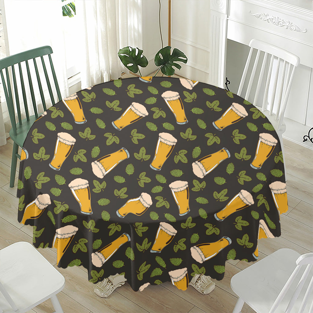 Beer Hop Cone And Leaf Pattern Print Waterproof Round Tablecloth