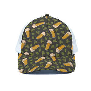 Beer Hop Cone And Leaf Pattern Print White Mesh Trucker Cap