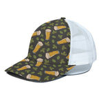 Beer Hop Cone And Leaf Pattern Print White Mesh Trucker Cap