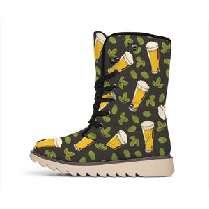 Beer Hop Cone And Leaf Pattern Print Winter Boots