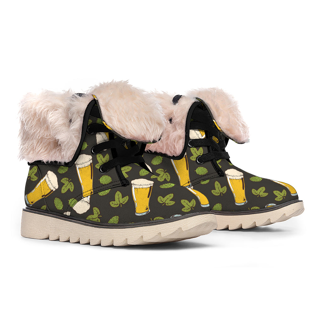 Beer Hop Cone And Leaf Pattern Print Winter Boots