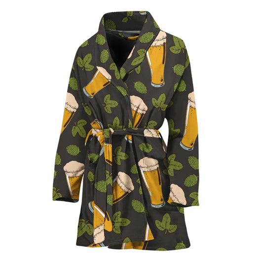 Beer Hop Cone And Leaf Pattern Print Women's Bathrobe