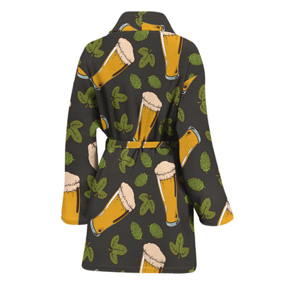 Beer Hop Cone And Leaf Pattern Print Women's Bathrobe
